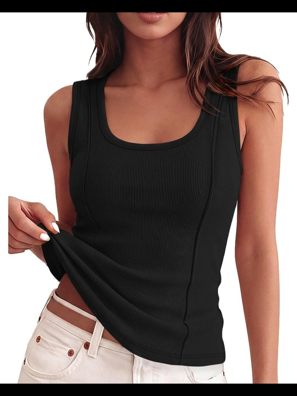 Classic Ribbed Scoop Neck Tank Top - Black